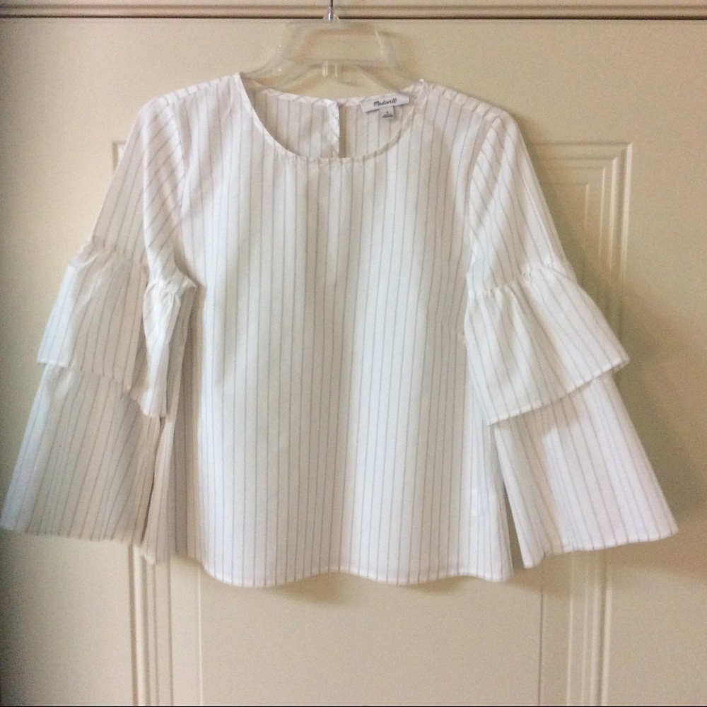 🚫SOLD🚫FREE WITH ANY PURCHASE - MADEWELL WHITE GRAY STRIPE RUFFLE SLEEVE TOP S - Picture 4 of 16